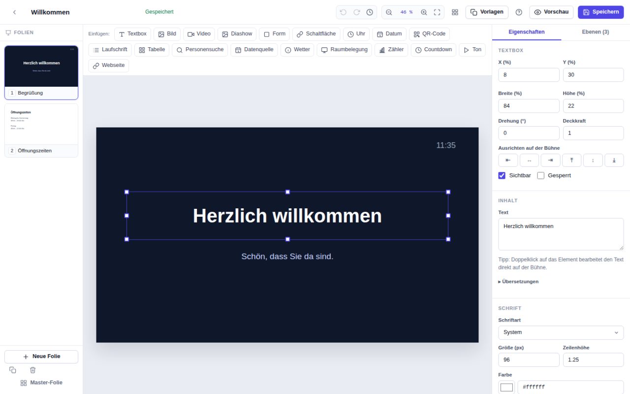 Der Folien-Editor von OpenSourceSignage mit Werkzeugleiste, Bühne und Eigenschaften
